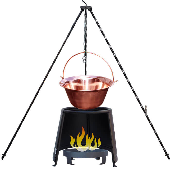 Měděný kotlík 14 L (1,2 mm) + chránič plamene 37 cm + ohniště 36 cm + trojnožka 1,2 m