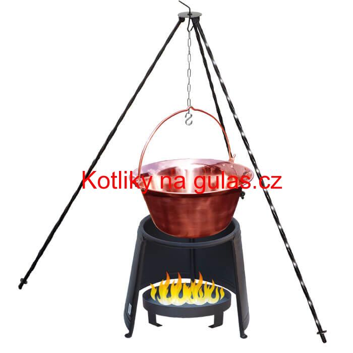 Měděný kotlík 14 L (1,2 mm) + chránič plamene 37 cm + ohniště 36 cm + trojnožka 1,2 m