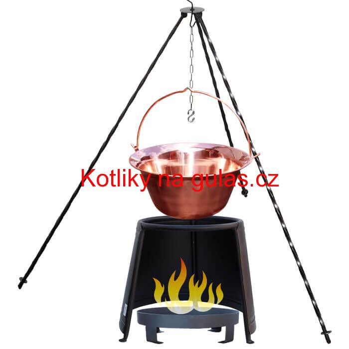 Měděný kotlík 14 L (1,2 mm) + chránič plamene 37 cm + ohniště 36 cm + trojnožka 1,2 m