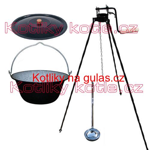 Smaltovaný kotlík 20 L + stojan s kladkou VAR + misky 12 ks