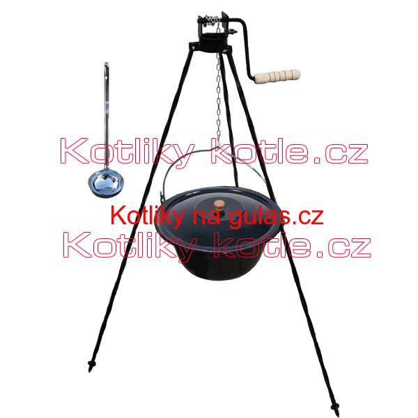 Smaltovaný kotlík 20 L + stojan s kladkou VAR + misky 12 ks