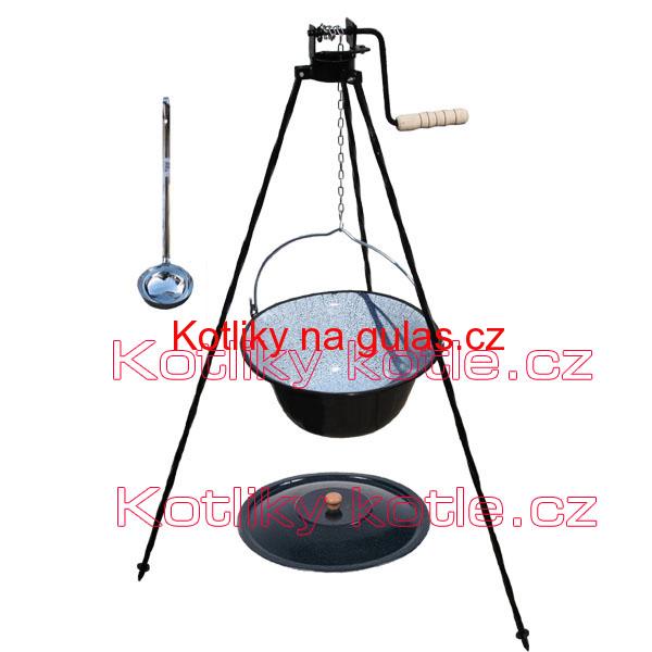 Smaltovaný kotlík 20 L + stojan s kladkou VAR + misky 12 ks