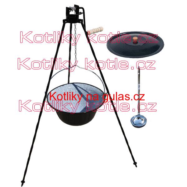 Smaltovaný kotlík 20 L + stojan s kladkou VAR + misky 12 ks