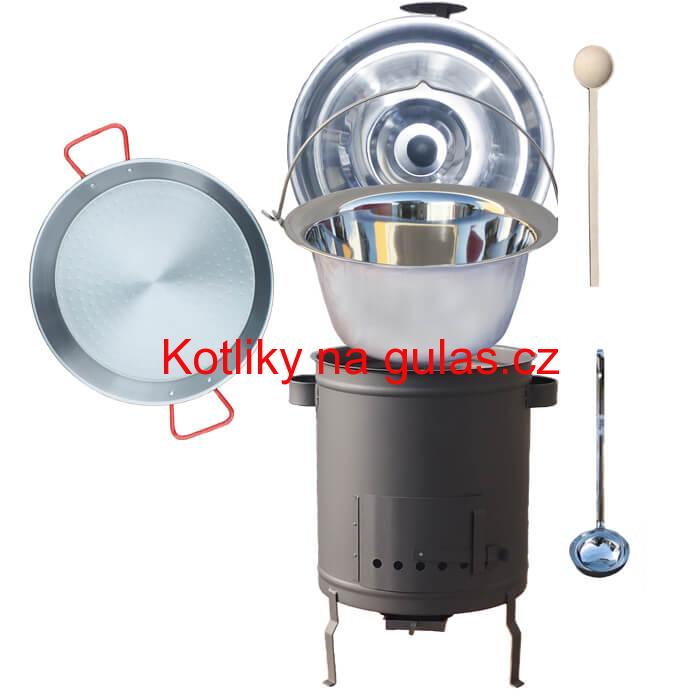 Nerezový kotlík 14 L (0,8 mm) + Paella pánev 38 cm + silnostěnná (1,5 mm) žáruvzdorná kotlina (1,5 mm) 36 PLUS 600
