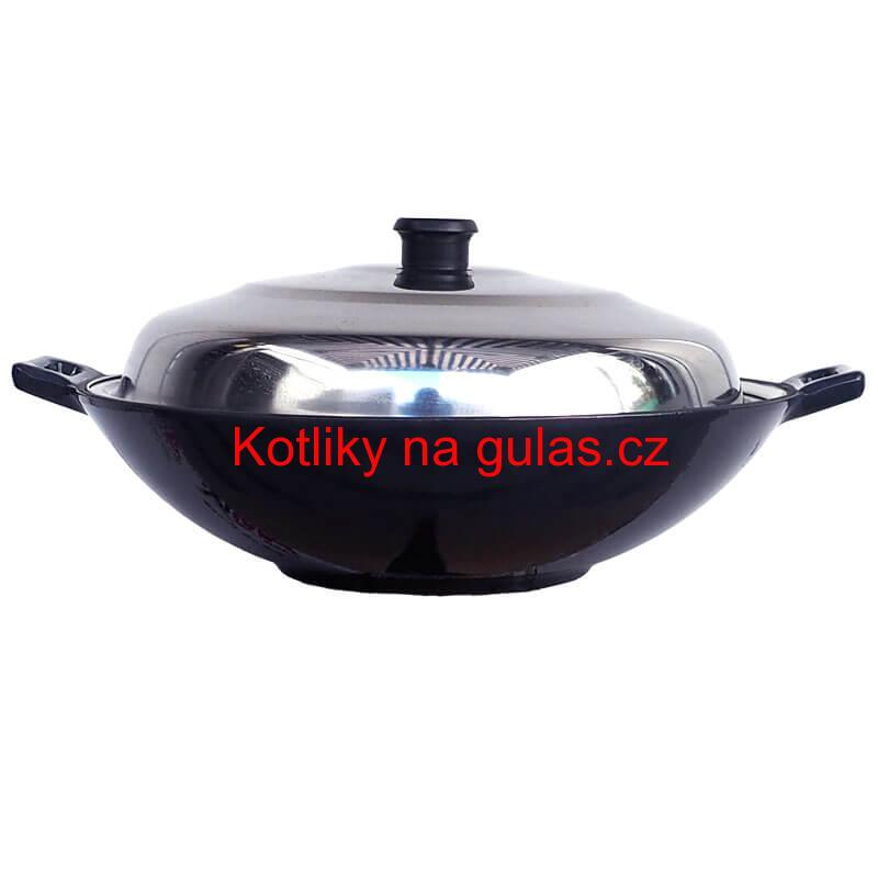 Litinový wok – smaltovaný povrch 37 cm + nerezová poklice