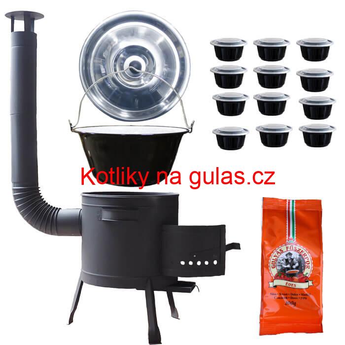 Smaltovaný kotlík 20 L (1,2 mm) + poklice + misky 12 ks + nízká žáruvzdorná kotlina (0,8 mm) 42 PLUS 600