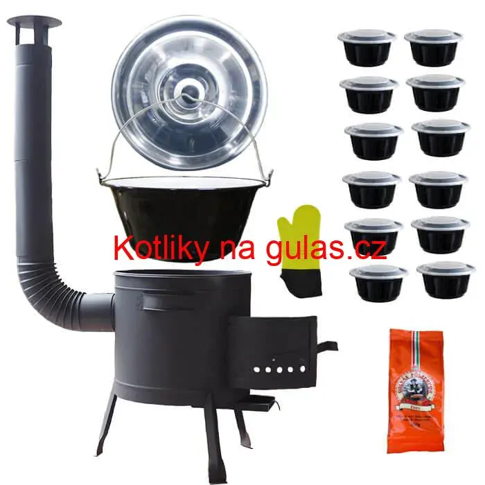 Smaltovaný kotlík 22 L (1,2 mm) + misky 12 ks + nízká žáruvzdorná kotlina (0,8 mm) 42 PLUS 600