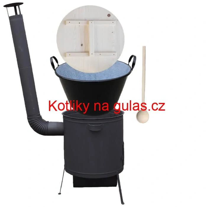 Zabijačkový smaltovaný kotel 100 L, žáruvzdorná kotlina 42 PLUS 600 4 MM, dřevěná poklice + vařečka
