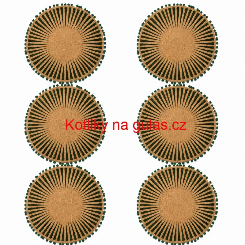 Kulaté jutové podložky pod talíř zelené s bambulkami 37 cm, 6 ks