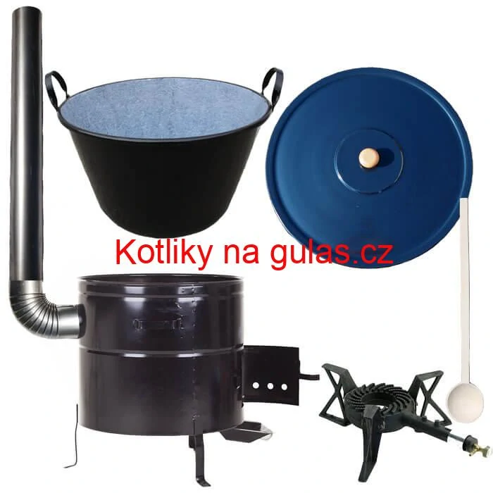 Zabijačkový smaltovaný kotel 60 L + kovová kotlina 53 cm + hořák 7 kW + kouřovod