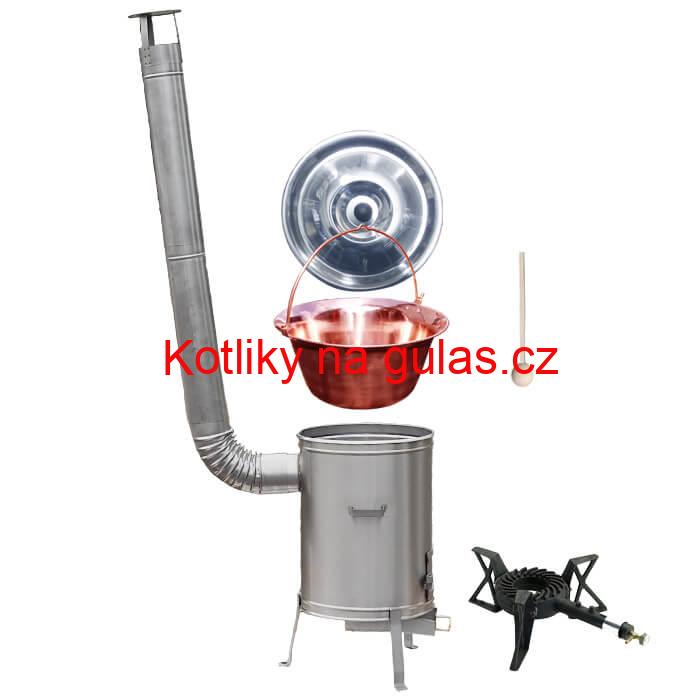 Měděný kotlík 20 L (1,2 mm) + nerezová kotlina 42 cm + litinový hořák 7 kW, vařečka LUX