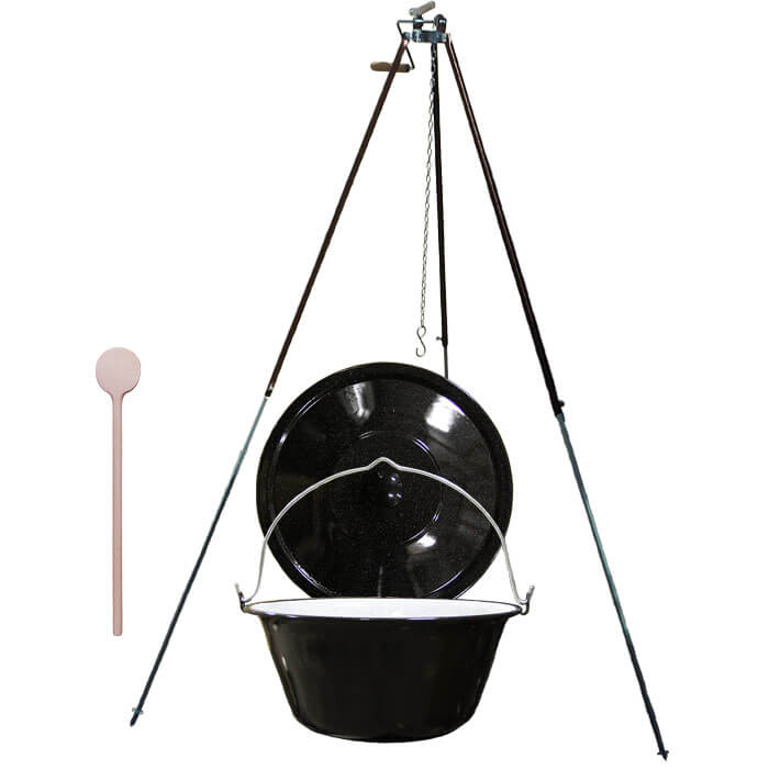 Smaltovaný kotlík 30 L (1,2 mm) + teleskopická trojnožka s pojistnou kladkou + poklice