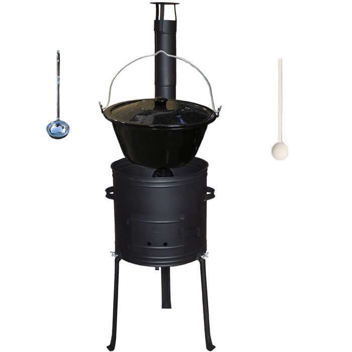 Smaltovaný kotlík 20 L (1,2 mm) + kovová kotlina s vysokými nožičkami 42 cm + vařečka a naběračka