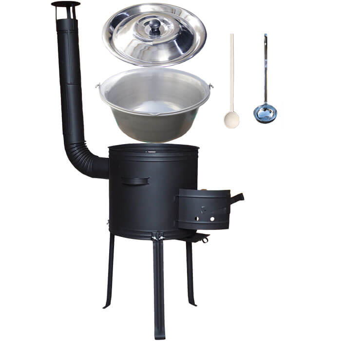 Nerezový kotlík 15 L (1,5 mm) + kovová kotlina s vysokými nožičkami 36 cm, žáruvzdorná barva Plus 700 + vařečka a naběračka