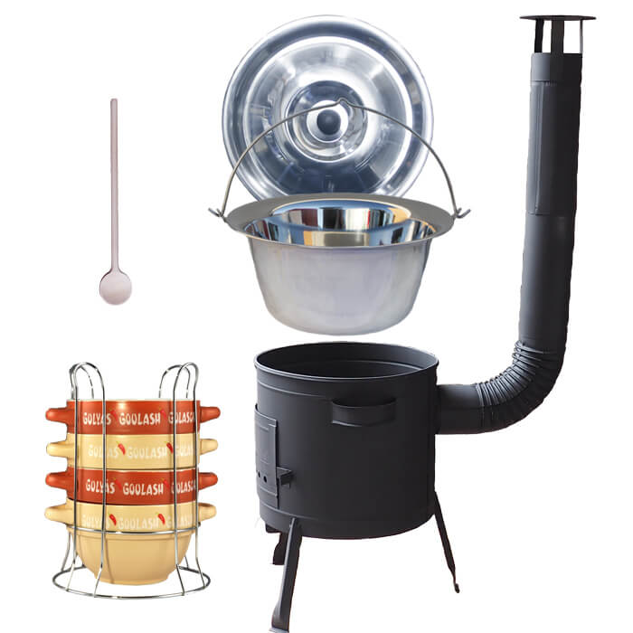 Nerezový kotlík 22 L (0,8 mm) INOX + misky na guláš 4 ks + nízká žáruvzdorná kotlina 42 PLUS 600
