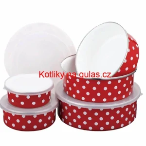 Smaltovaná sada 5 úložných dóz s tečkami