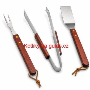 Grilovací nářadí BBQ – sada 3 ks, nerez a dřevo, 33 cm