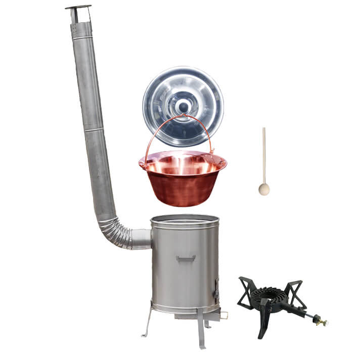 Měděný kotlík 20 L (1,2 mm) + nerezová kotlina 42 cm + litinový hořák 7 kW, vařečka LUX