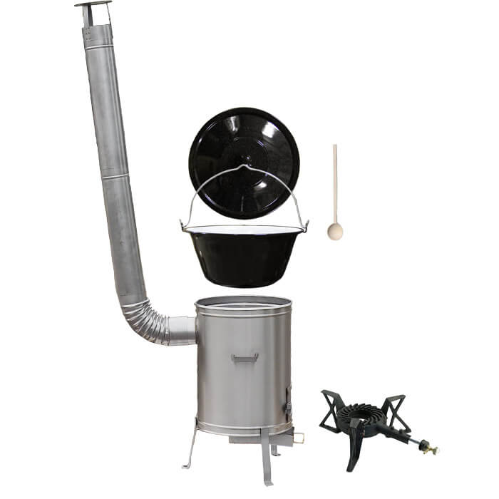 Smaltovaný kotlík 20 L (1,2 mm) + nerezová kotlina 42 cm + litinový hořák 7 kW, vařečka LUX