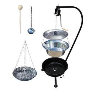 Nerezový kotlík 10 L (1,2 mm) INOX + smaltovaná pánev + ohniště se stojanem as pojistnou kladkou VAR