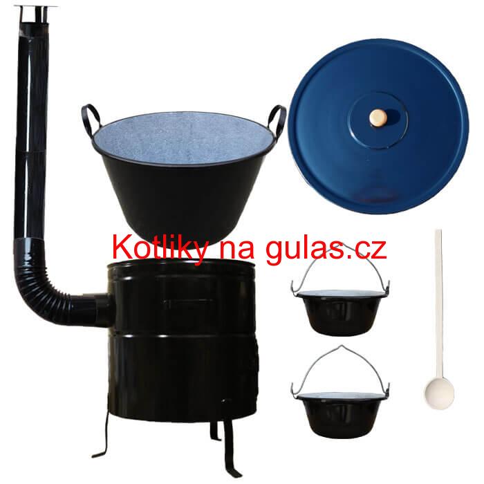 Zabijačkový smaltovaný kotel 70 L + kovová kotlina 56 cm + 2 servírovací kotlíky  a kouřovod
