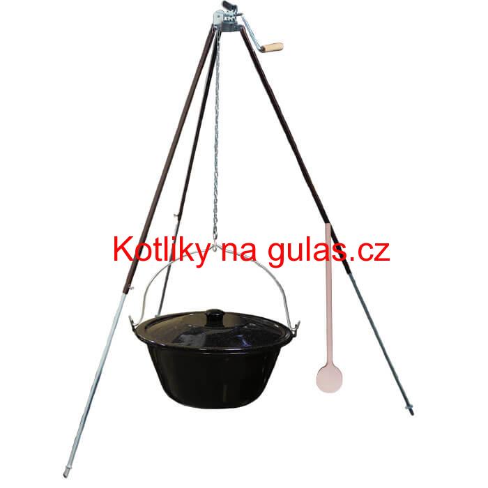 Smaltovaný kotlík 25 L (1,2 mm) + teleskopická trojnožka s pojistnou kladkou + poklice