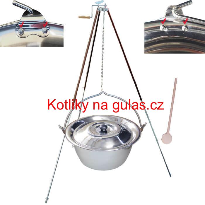 Nerezový kotlík 15 L (0,8 mm) s nýty + teleskopická trojnožka s pojistnou kladkou + poklice