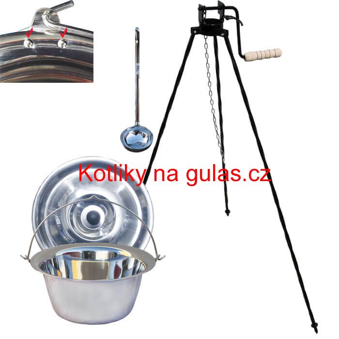 Nerezový kotlík 15 L (0,8 mm) s nýty + stojan s kladkou VAR