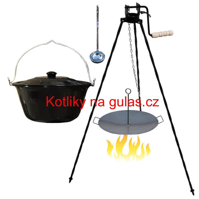 Smaltovaný kotlík 16 L (1,2 mm) + pánev na grilování a stojan s kladkou VAR