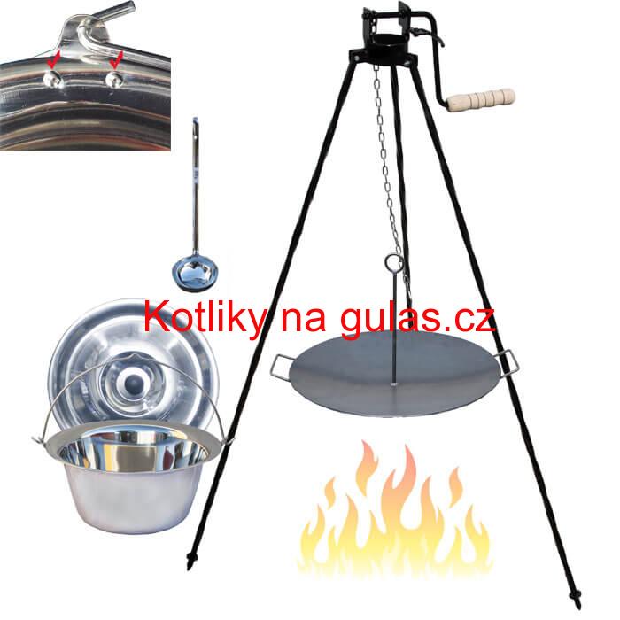 Nerezový kotlík 15 L (0,8 mm) s nýty + pánev na grilování a stojan s kladkou VAR
