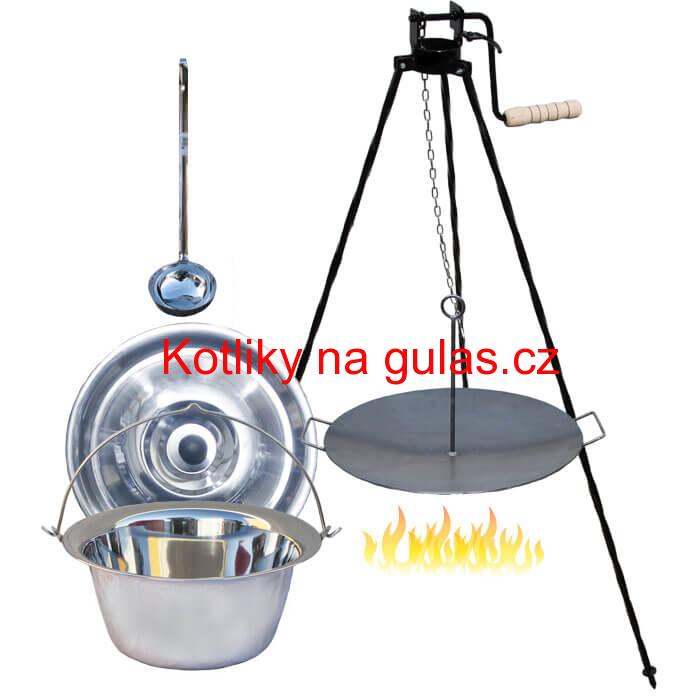 Nerezový kotlík 22 L (0,8 mm) + pánev na grilování a stojan s kladkou VAR