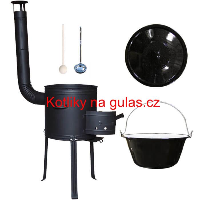 Smaltovaný kotlík 20 L (1,2 mm) + kovová kotlina s vysokými nožičkami 42 cm + vařečka a naběračka