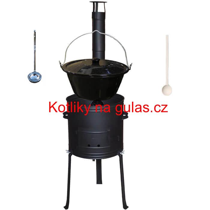 Smaltovaný kotlík 25 L + kovová kotlina s vysokými nožičkami 42 cm , žáruvzdorná barva Plus 700 + vařečka a naběračka