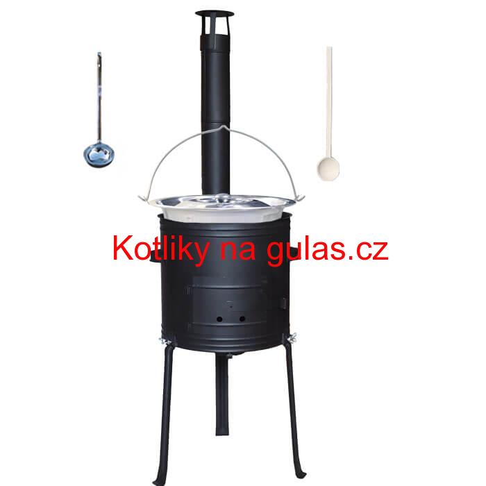 Nerezový kotlík 15 L (1,2 mm) + kovová kotlina s vysokými nožičkami 36 cm, žáruvzdorná barva Plus 700 + vařečka a naběračka