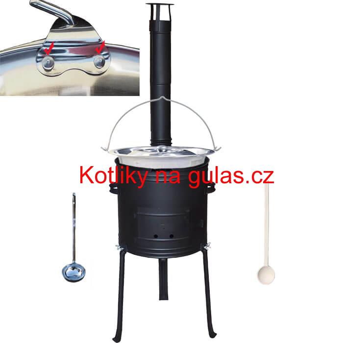 Nerezový kotlík 20 L (0,8 mm) zesílený s nýty + kovová kotlina s vysokými nožičkami 42 cm, žáruvzdorná barva Plus 700 + vařečka a naběračka