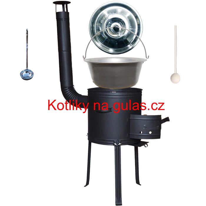 Nerezový kotlík 15 L (1,5 mm) + kovová kotlina s vysokými nožičkami 36 cm, žáruvzdorná barva Plus 700 + vařečka a naběračka