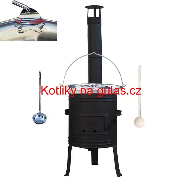 Nerezový kotlík 10 L (0,8 mm) s nýty + nízká žáruvzdorná kotlina 33 cm PLUS 700 + vařečka a naběračka