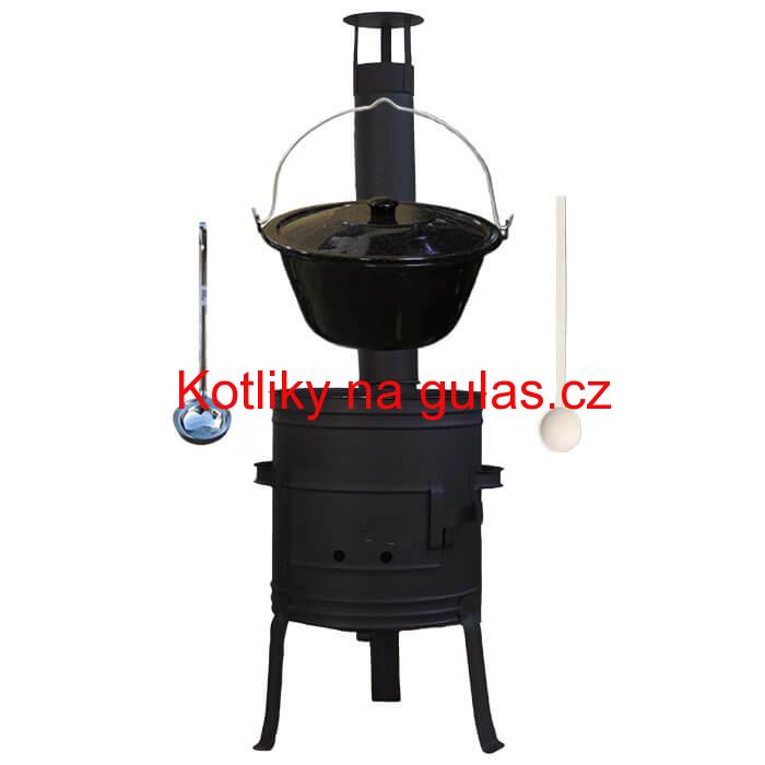 Smaltovaný kotlík 10 L (1,2 mm) + nízká žáruvzdorná kotlina 33 cm PLUS 700 + vařečka a naběračka