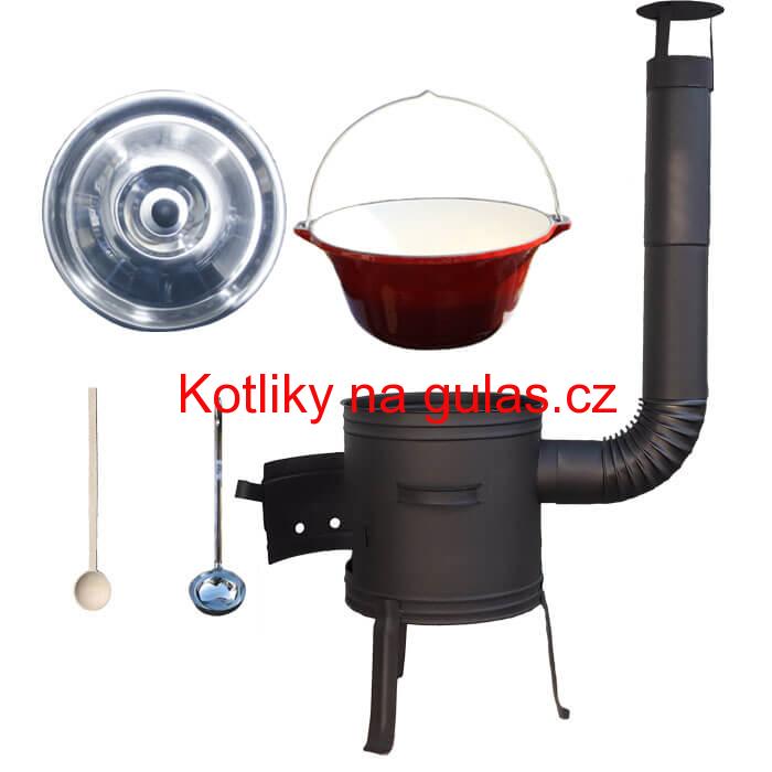 Litinový kotlík 10 L se smaltovanou úpravou + nízká žáruvzdorná kotlina 33 cm PLUS 700 + vařečka a naběračka