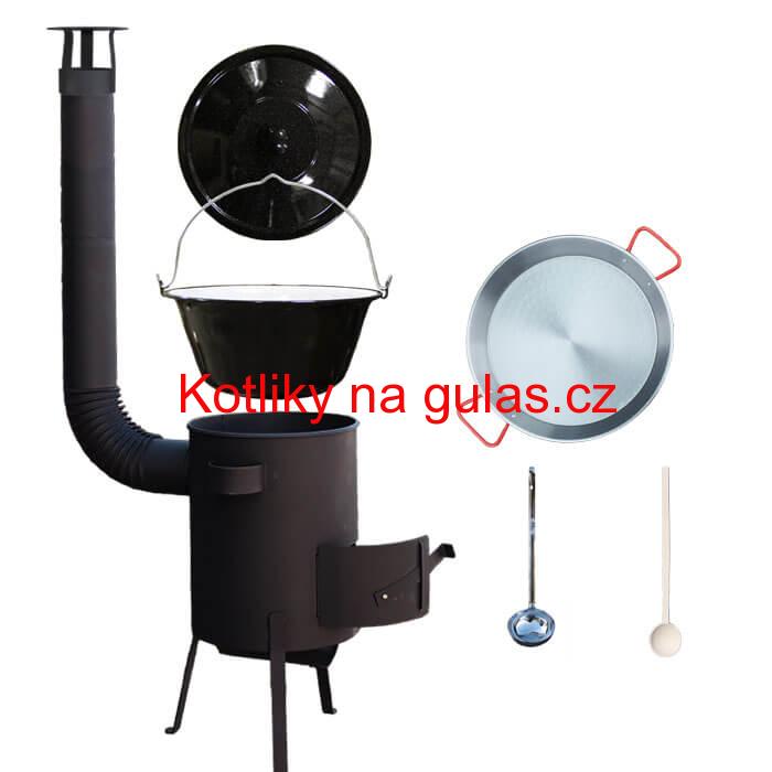 Smaltovaný kotlík 16 L + Paella ocelová pánev 42 cm + žáruvzdorná kotlina 39 PLUS 600 s roštem na popel 4 mm