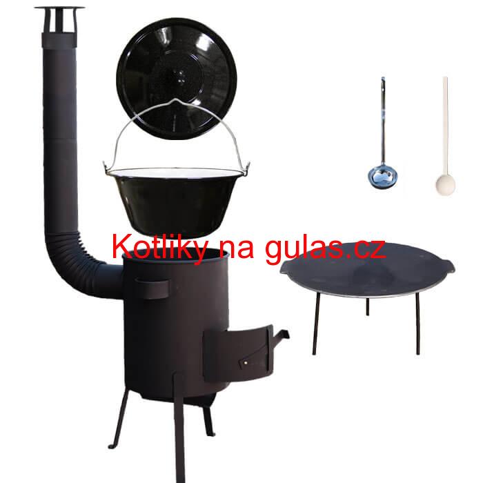 Smaltovaný kotlík 20 L + Litinová pánev 45 cm + žáruvzdorná kotlina 42 PLUS 600 s roštem na popel 4 mm