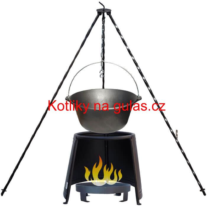 Litinový kotlík 10,8 L + chránič plamene 37 cm + ohniště 36 cm + trojnožka 1,2 m