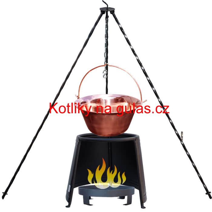 Měděný kotlík 20 L (1,2 mm) + chránič plamene 43 cm + ohniště 36 cm + trojnožka 1,2 m