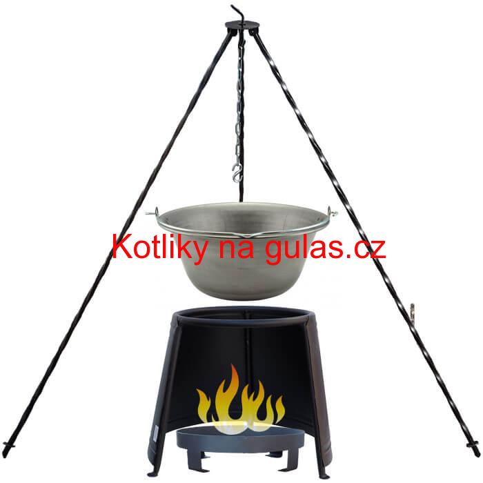Železný kotlík 14 L (0,75 mm) + chránič plamene 37 cm + ohniště 36 cm + trojnožka 1,2 m