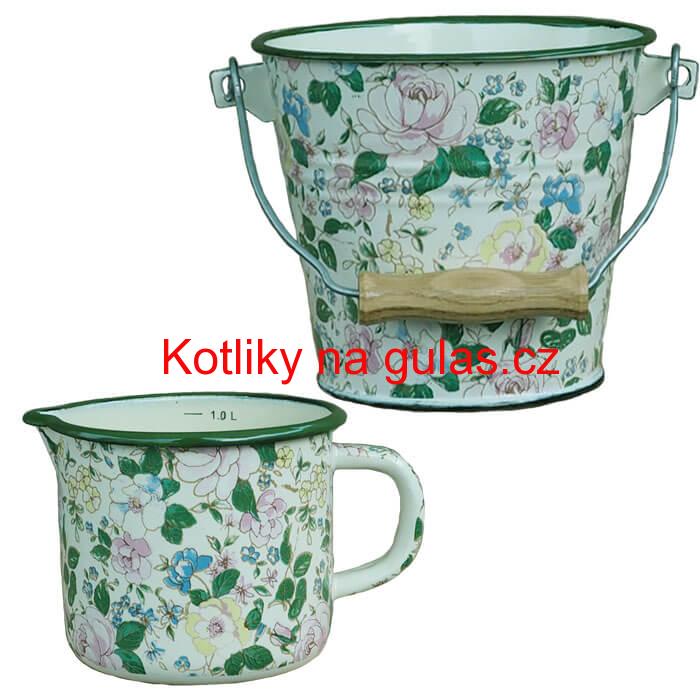 Smaltovaný hrnek s výlevkou 1 L + vědro 1 L DECOR