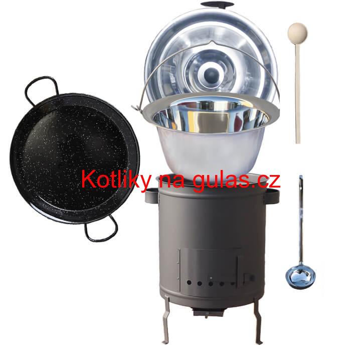 Nerezový kotlík 14 L (0,8 mm) + Paella pánev 38 cm + silnostěnná (1,5 mm) žáruvzdorná kotlina (1,5 mm) 36 PLUS 600
