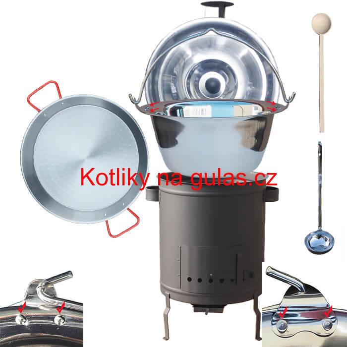 Nerezový kotlík 15 L (0,8 mm) zesílený s nýty + Paella pánev 38 cm + silnostěnná (1,5 mm) žáruvzdorná kotlina 36 PLUS 600