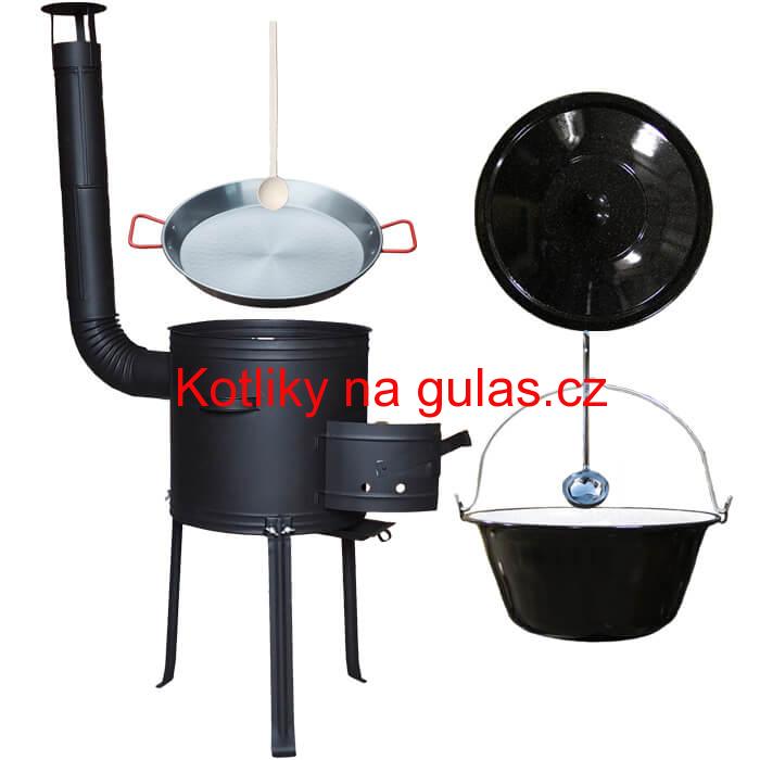 Smaltovaný kotlík 20 L + Paella pánev 46 cm + kovová kotlina s vysokými nožičkami 42 cm, žáruvzdorná barva Plus 700