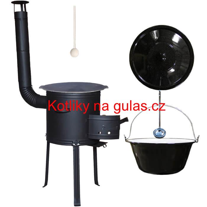 Smaltovaný kotlík 25 L + Litinová pánev 45 cm + kovová kotlina s vysokými nožičkami 42 cm, žáruvzdorná barva Plus 700