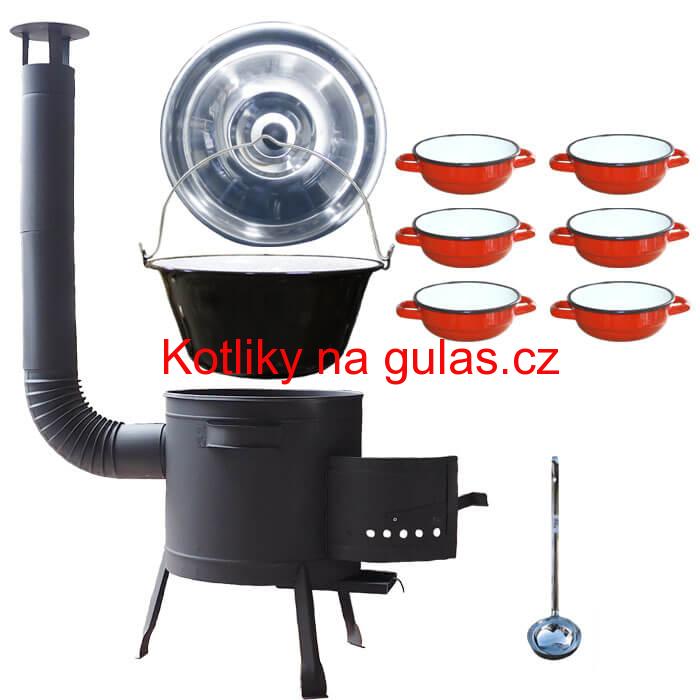 Smaltovaný kotlík 13 L + selské misky 6 ks + nízká žáruvzdorná kotlina 36 cm PLUS 600